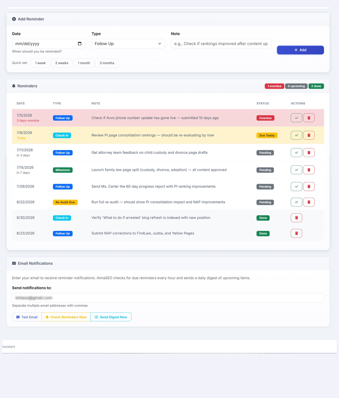 The reminders tab: an add-reminder form with quick-set buttons for one week, two weeks, one month and three months, above a list of follow-ups, check-ins, milestones and a re-audit due date — one overdue, one due today, the rest pending or done — and an email notification setting