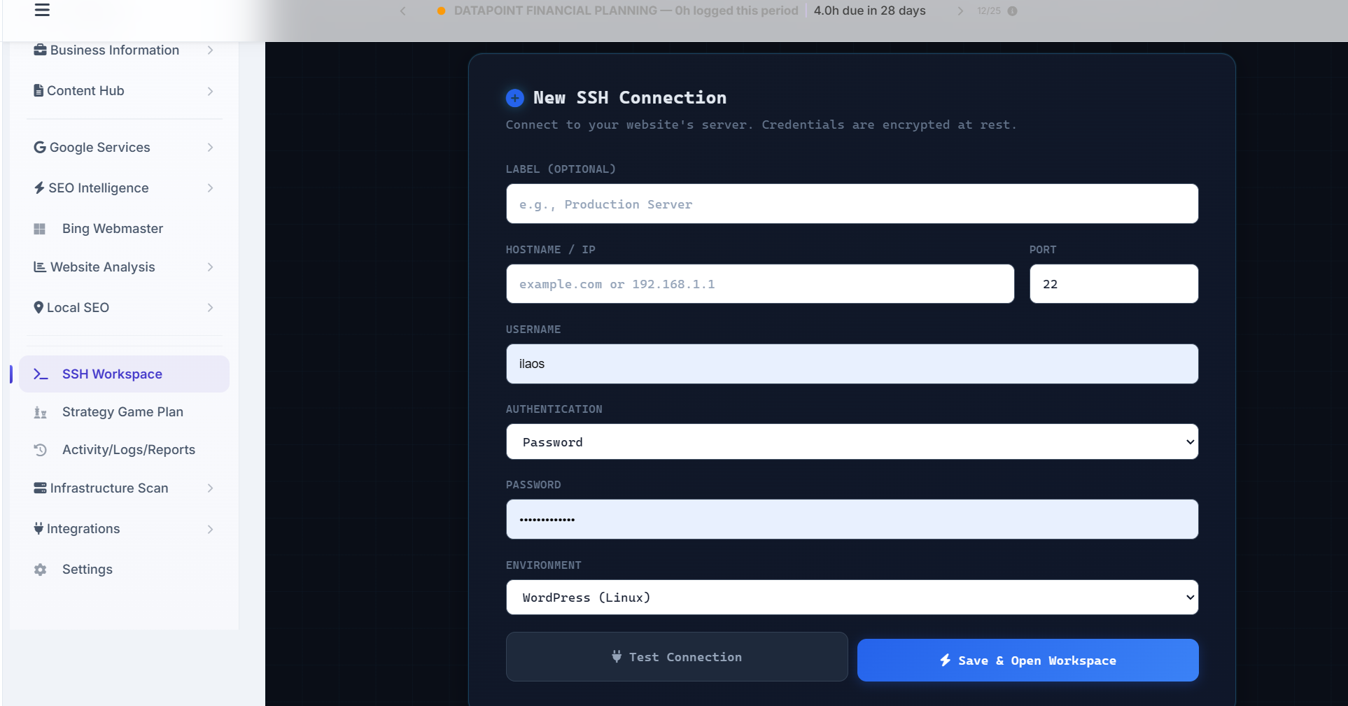 The AlmaSEO SSH Workspace open inside a client's record — a New SSH Connection form for hostname, port, username, authentication, and environment, with the client's logged hours in the top bar and the workspace listed in the site's own navigation
