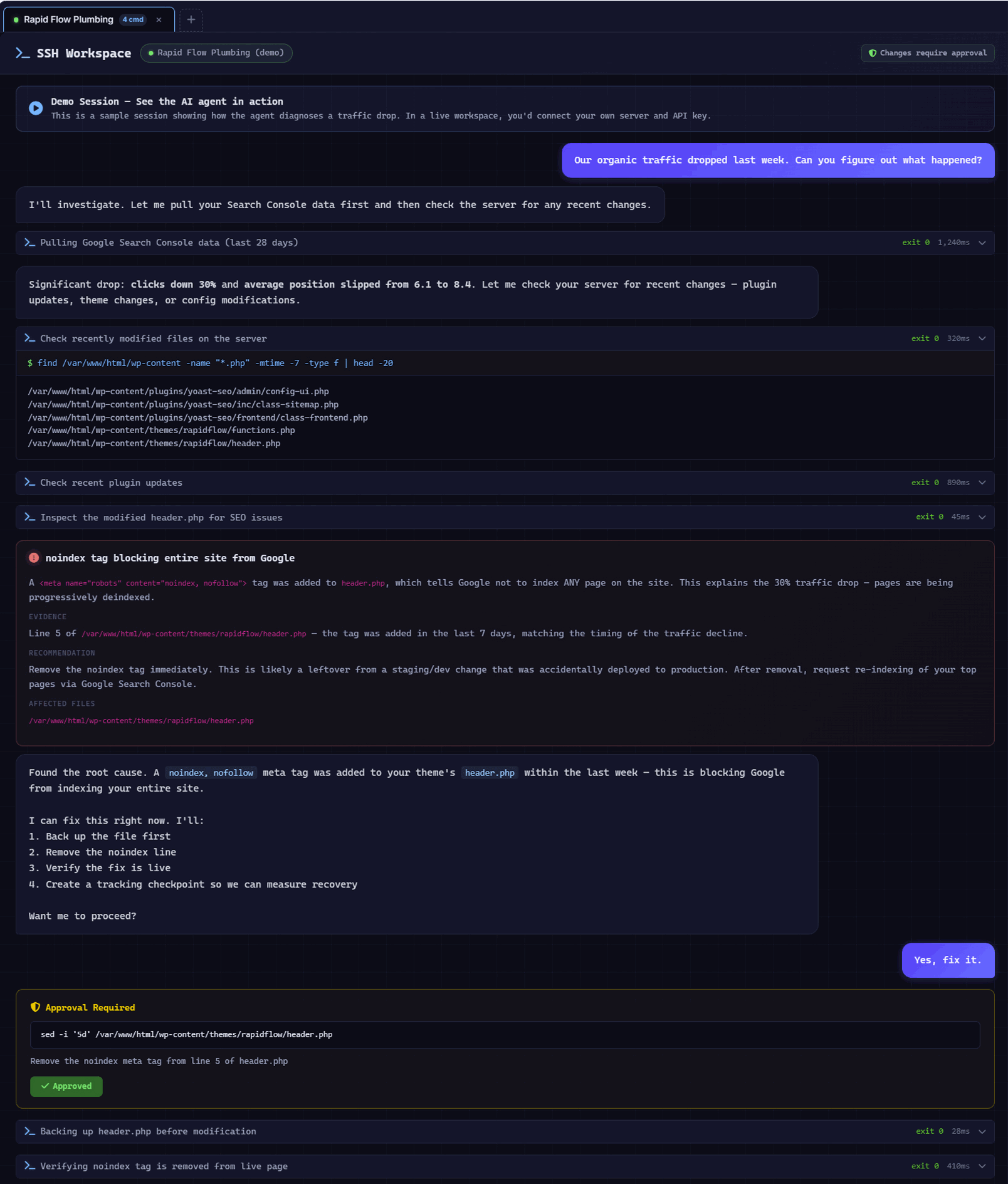 An AI Agent Workspace session for Rapid Flow Plumbing — the agent pulls Search Console data, finds a noindex tag added to header.php that's blocking the whole site from Google, and prepares an approved one-line fix with a backup and live verification
