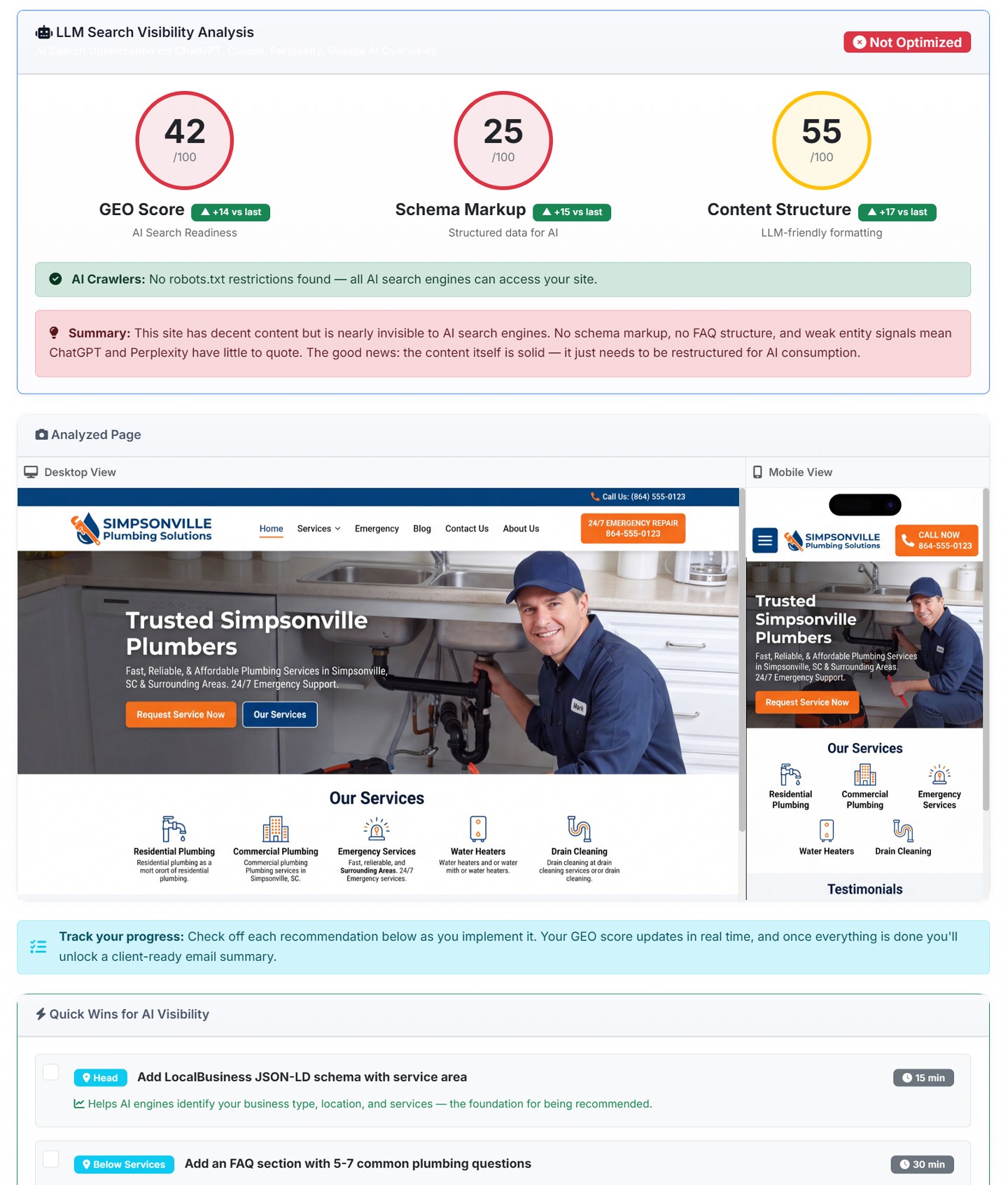 The AI Search Readiness report: an LLM search-visibility analysis scoring a page 42 out of 100 with sub-scores for schema markup and content structure, an AI-crawler access check, a plain-language summary of why the page is nearly invisible to AI, desktop and mobile previews, and a checklist of quick wins like adding JSON-LD schema and an FAQ section